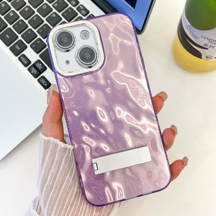 For iPhone 14 Plating Glitter Texture Fold Holder TPU Phone Case with Lens Film
