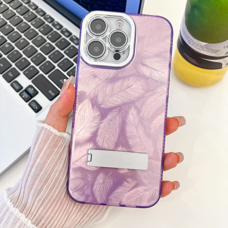 For iPhone 14 Pro Plating Glitter Texture Fold Holder TPU Phone Case with Lens Film
