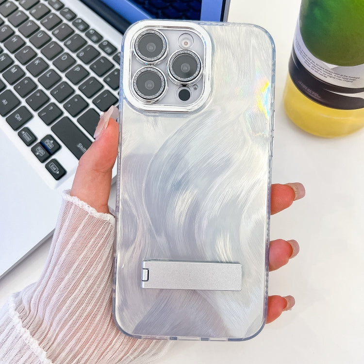 For iPhone 14 Pro Plating Glitter Texture Fold Holder TPU Phone Case with Lens Film