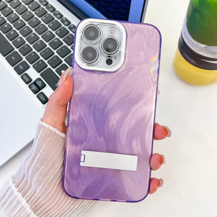 For iPhone 14 Pro Plating Glitter Texture Fold Holder TPU Phone Case with Lens Film