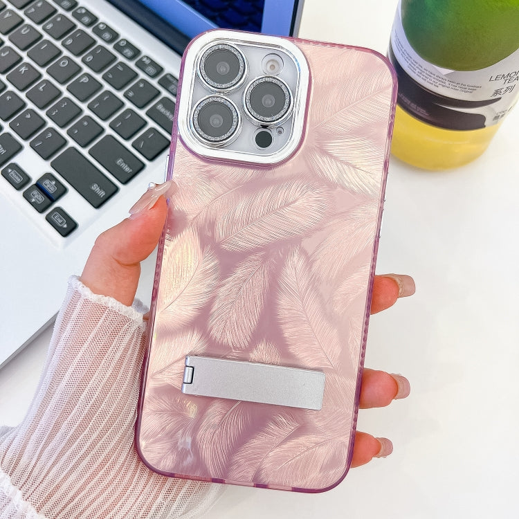 For iPhone 14 Pro Max Plating Glitter Texture Fold Holder TPU Phone Case with Lens Film