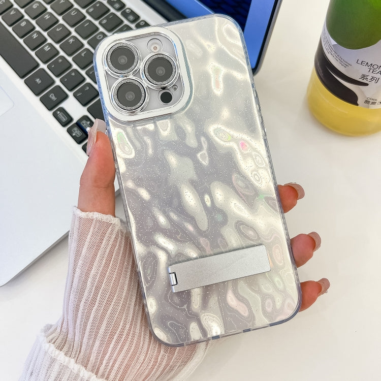 For iPhone 14 Pro Max Plating Glitter Texture Fold Holder TPU Phone Case with Lens Film