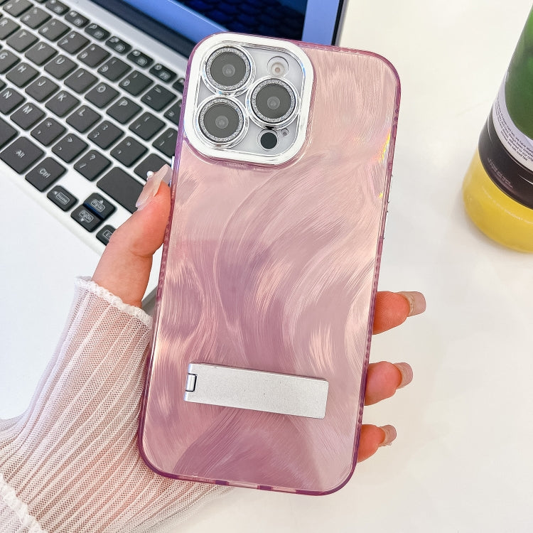 For iPhone 13 Pro Max Plating Glitter Texture Fold Holder TPU Phone Case with Lens Film