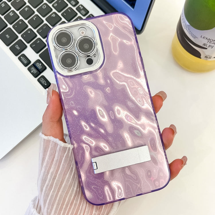 For iPhone 13 Pro Max Plating Glitter Texture Fold Holder TPU Phone Case with Lens Film