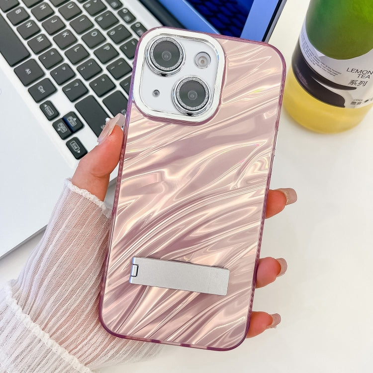 For iPhone 13 Plating Glitter Texture Fold Holder TPU Phone Case with Lens Film