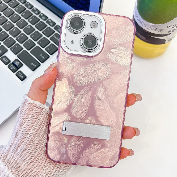 For iPhone 13 Plating Glitter Texture Fold Holder TPU Phone Case with Lens Film