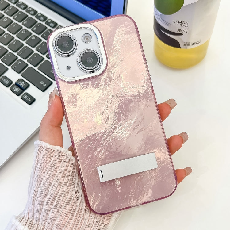 For iPhone 13 Plating Glitter Texture Fold Holder TPU Phone Case with Lens Film
