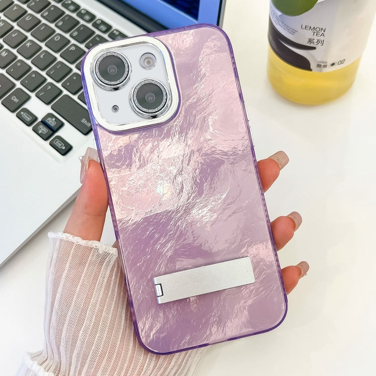 For iPhone 13 Plating Glitter Texture Fold Holder TPU Phone Case with Lens Film
