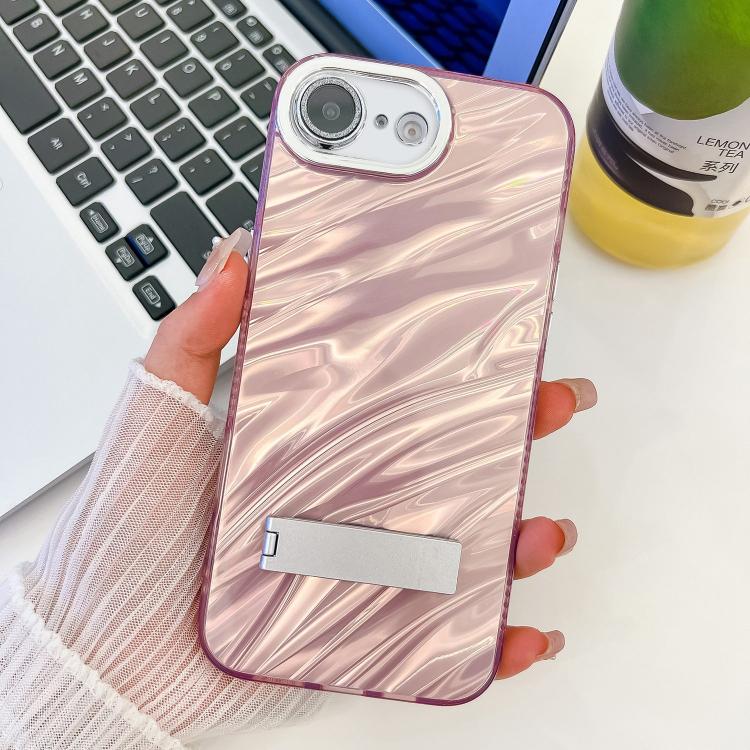 For iPhone 17e / 16e Plating Glitter Texture Fold Holder TPU Phone Case with Lens Film