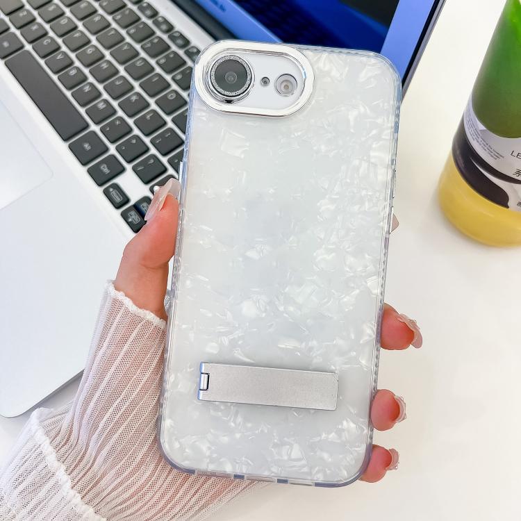 For iPhone 17e / 16e Plating Glitter Texture Fold Holder TPU Phone Case with Lens Film