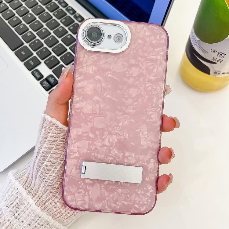 For iPhone 17e / 16e Plating Glitter Texture Fold Holder TPU Phone Case with Lens Film
