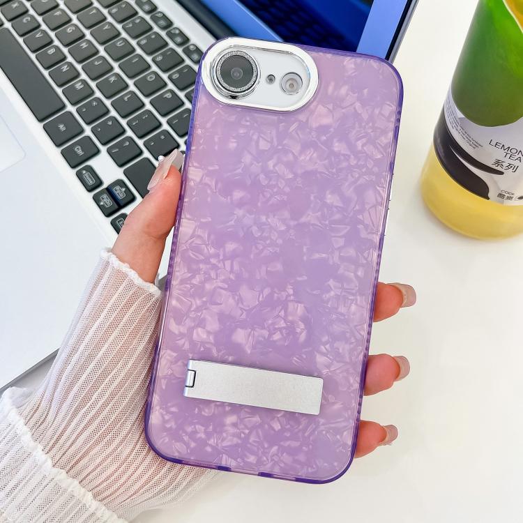 For iPhone 17e / 16e Plating Glitter Texture Fold Holder TPU Phone Case with Lens Film