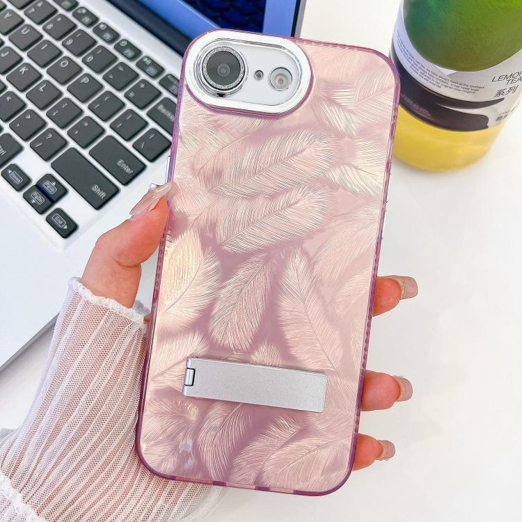 For iPhone 17e / 16e Plating Glitter Texture Fold Holder TPU Phone Case with Lens Film