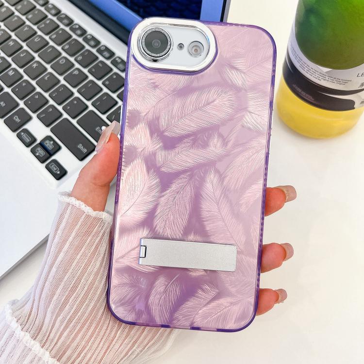 For iPhone 17e / 16e Plating Glitter Texture Fold Holder TPU Phone Case with Lens Film