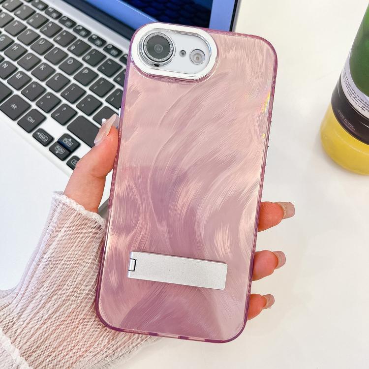 For iPhone 17e / 16e Plating Glitter Texture Fold Holder TPU Phone Case with Lens Film