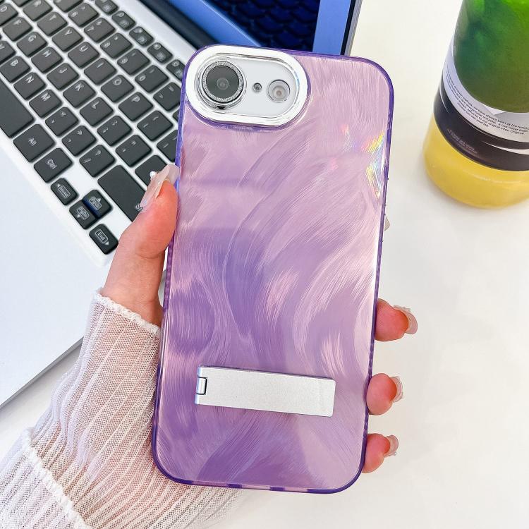 For iPhone 17e / 16e Plating Glitter Texture Fold Holder TPU Phone Case with Lens Film