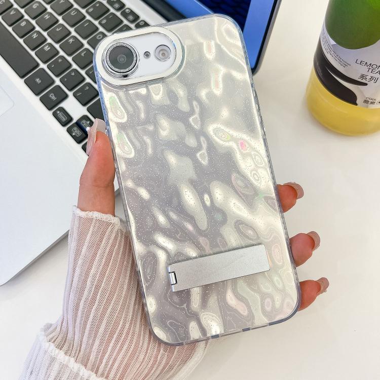 For iPhone 17e / 16e Plating Glitter Texture Fold Holder TPU Phone Case with Lens Film