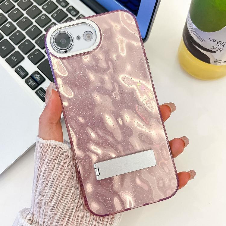 For iPhone 17e / 16e Plating Glitter Texture Fold Holder TPU Phone Case with Lens Film