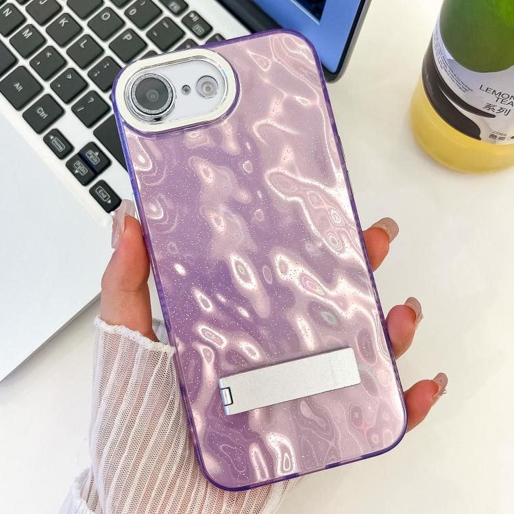 For iPhone 17e / 16e Plating Glitter Texture Fold Holder TPU Phone Case with Lens Film