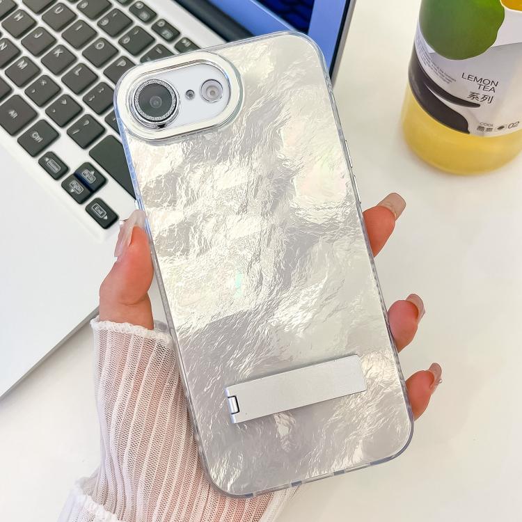 For iPhone 17e / 16e Plating Glitter Texture Fold Holder TPU Phone Case with Lens Film