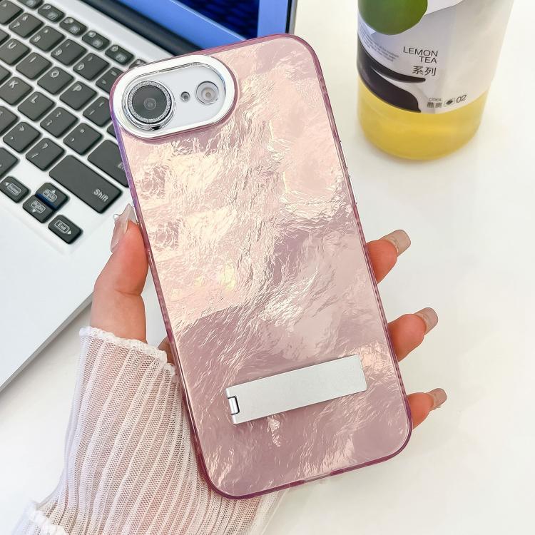 For iPhone 17e / 16e Plating Glitter Texture Fold Holder TPU Phone Case with Lens Film