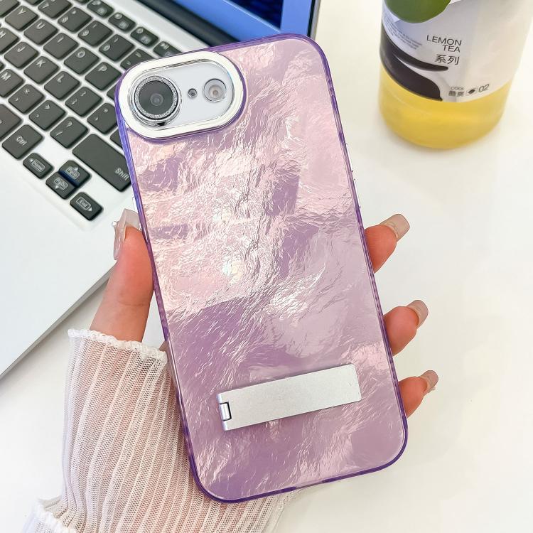 For iPhone 17e / 16e Plating Glitter Texture Fold Holder TPU Phone Case with Lens Film