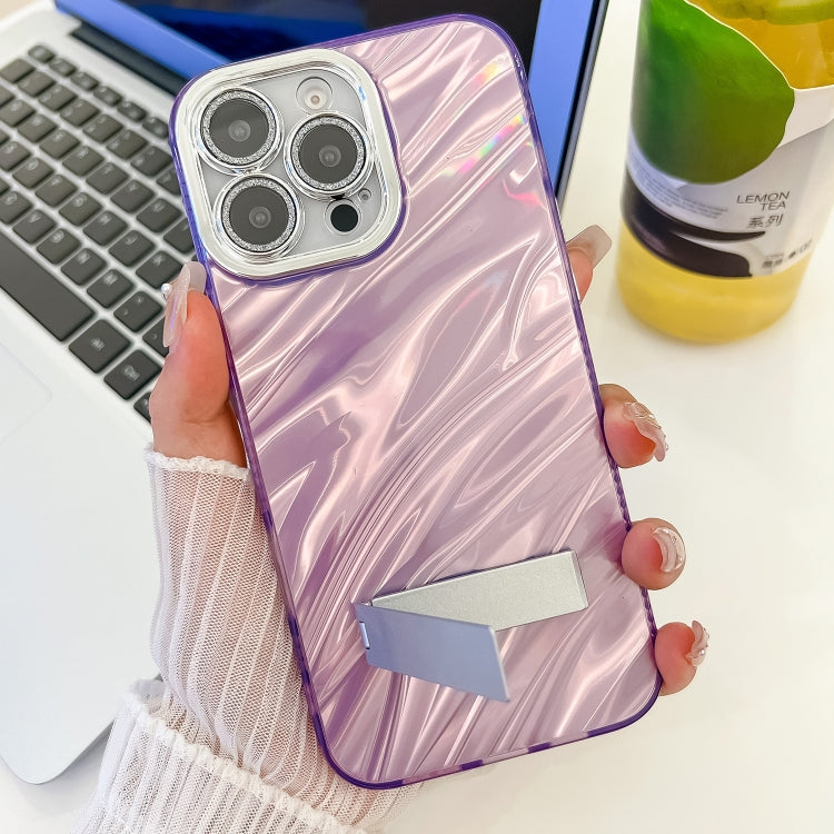 For iPhone 16 Pro Plating Glitter Texture Fold Holder TPU Phone Case with Lens Film