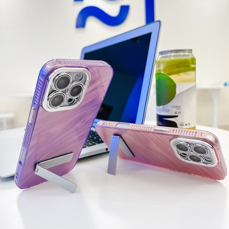 For iPhone 16 Pro Plating Glitter Texture Fold Holder TPU Phone Case with Lens Film