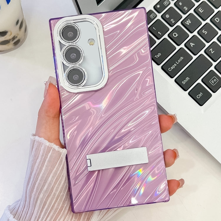 For Samsung Galaxy S24 FE 5G Plating Glitter Texture Fold Holder TPU Phone Case with Lens Film