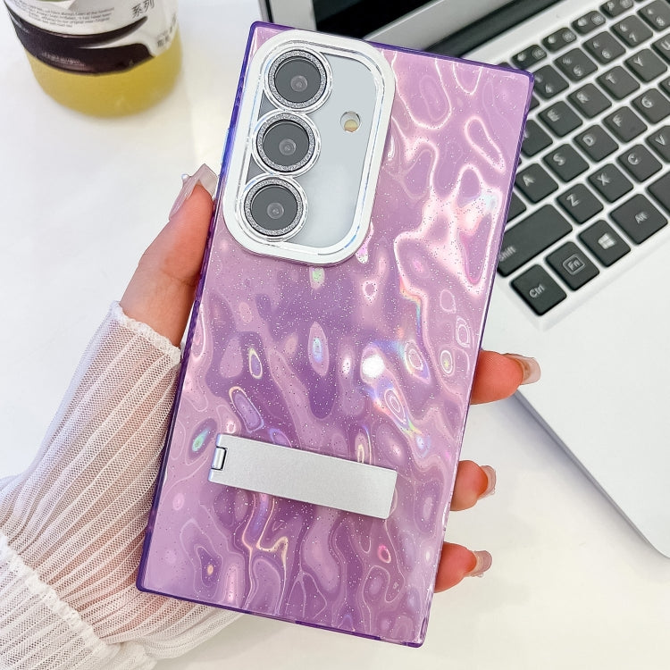 For Samsung Galaxy A35 5G Plating Glitter Texture Fold Holder TPU Phone Case with Lens Film