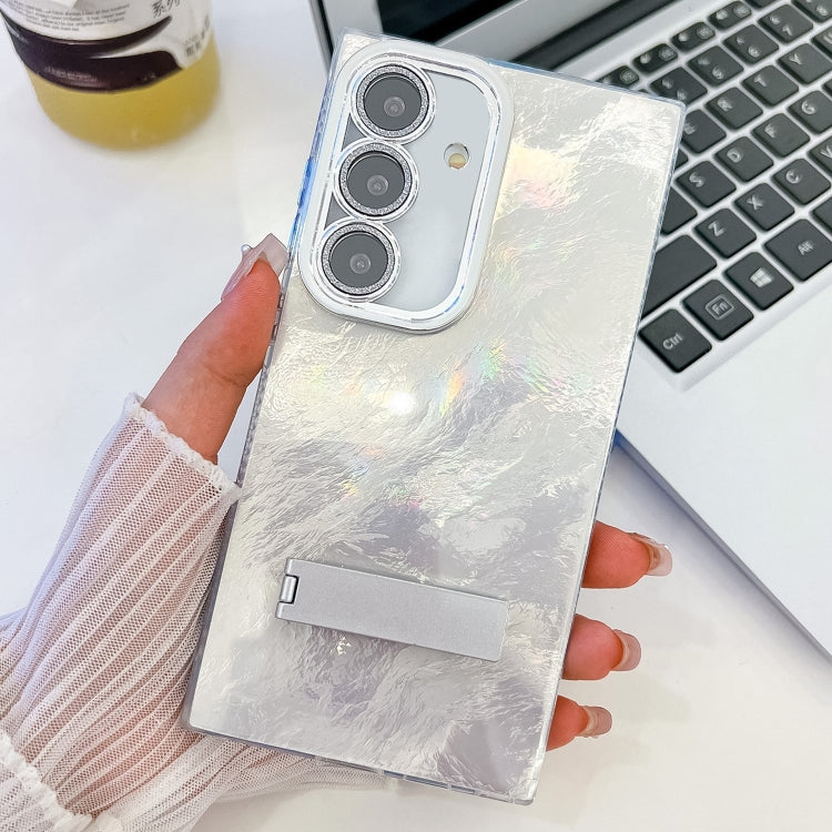 For Samsung Galaxy A35 5G Plating Glitter Texture Fold Holder TPU Phone Case with Lens Film
