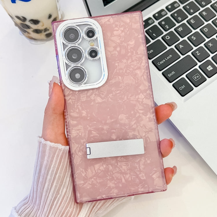 For Samsung Galaxy S24 Ultra 5G Plating Glitter Texture Fold Holder TPU Phone Case with Lens Film