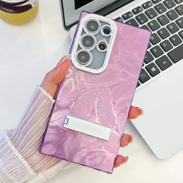 For Samsung Galaxy S24 Ultra 5G Plating Glitter Texture Fold Holder TPU Phone Case with Lens Film
