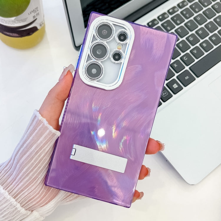 For Samsung Galaxy S24 Ultra 5G Plating Glitter Texture Fold Holder TPU Phone Case with Lens Film