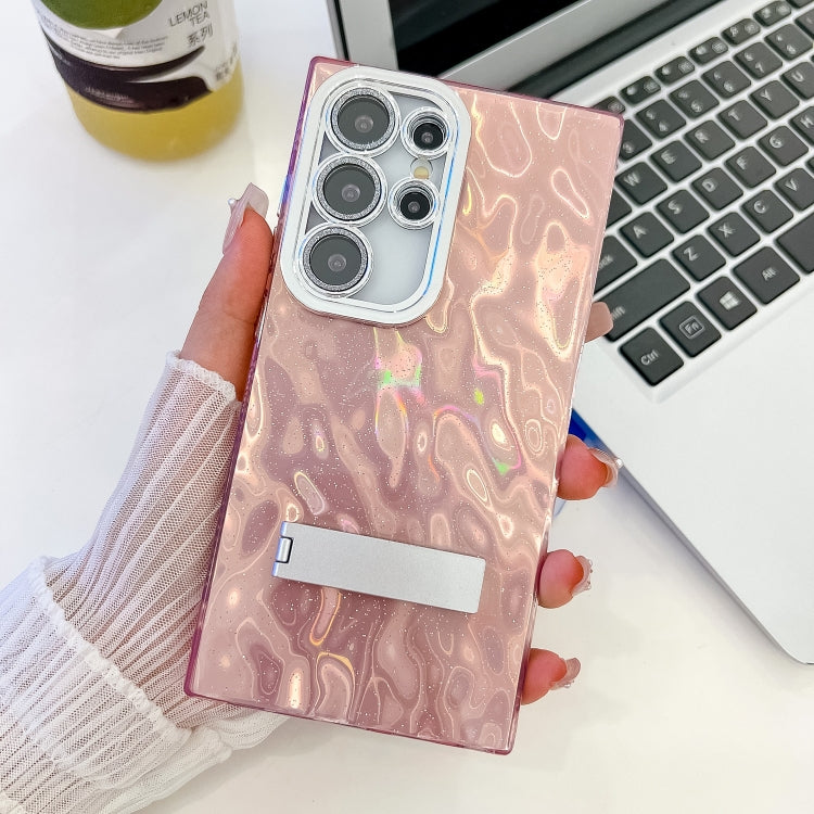 For Samsung Galaxy S24 Ultra 5G Plating Glitter Texture Fold Holder TPU Phone Case with Lens Film