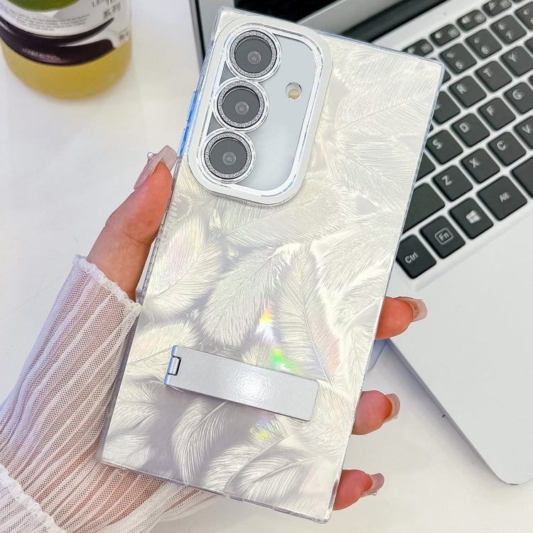 For Samsung Galaxy A25 5G Plating Glitter Texture Fold Holder TPU Phone Case with Lens Film