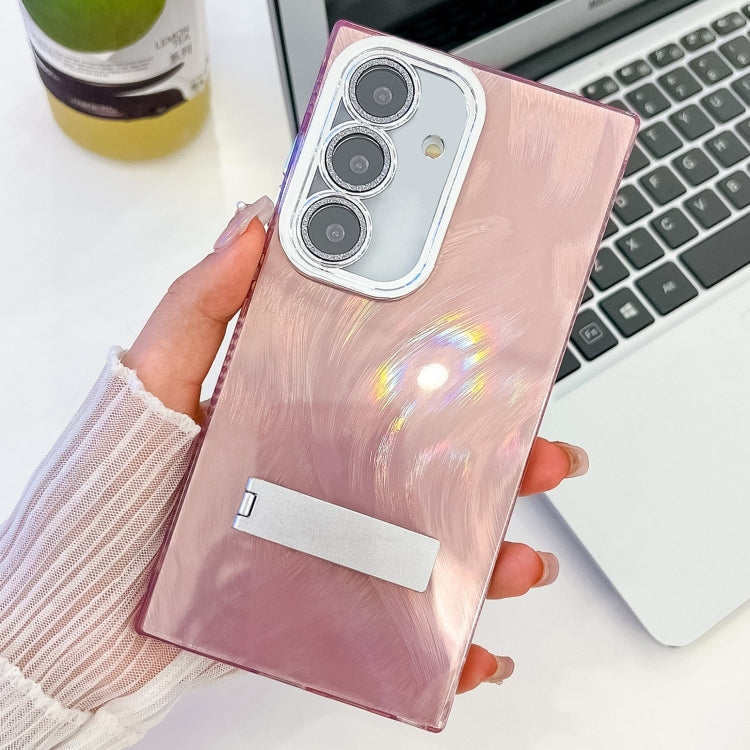 For Samsung Galaxy A25 5G Plating Glitter Texture Fold Holder TPU Phone Case with Lens Film
