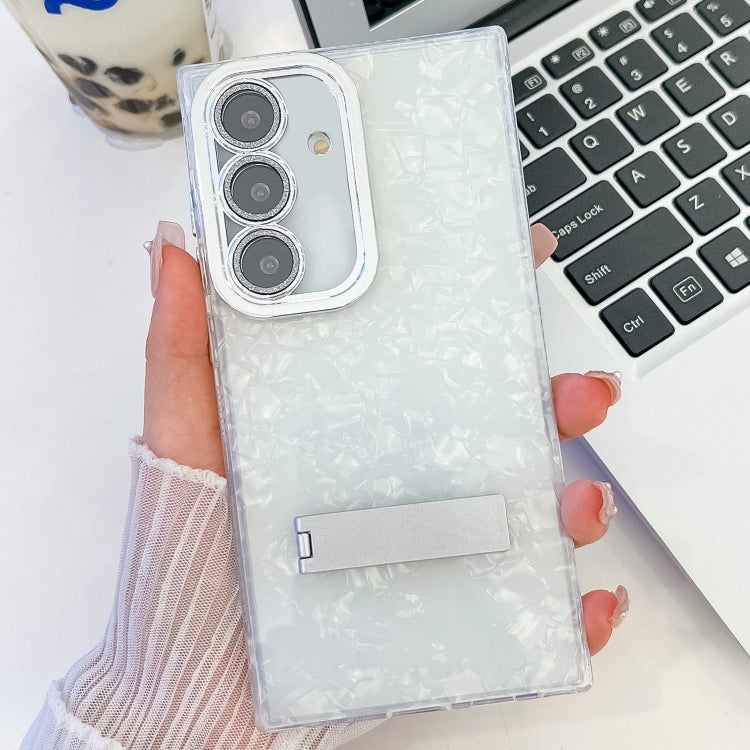 For Samsung Galaxy A54 5G Plating Glitter Texture Fold Holder TPU Phone Case with Lens Film