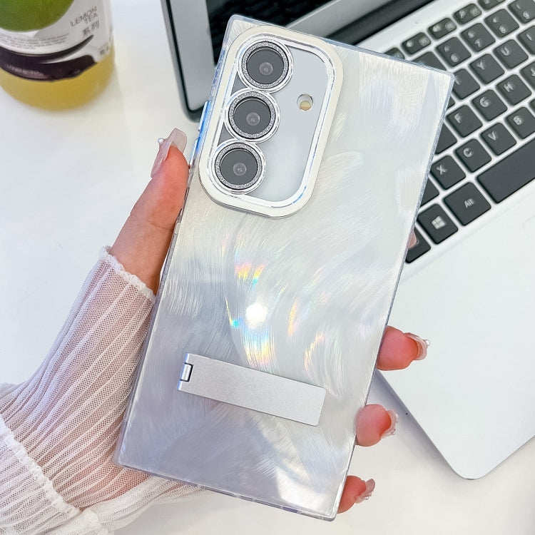 For Samsung Galaxy A54 5G Plating Glitter Texture Fold Holder TPU Phone Case with Lens Film