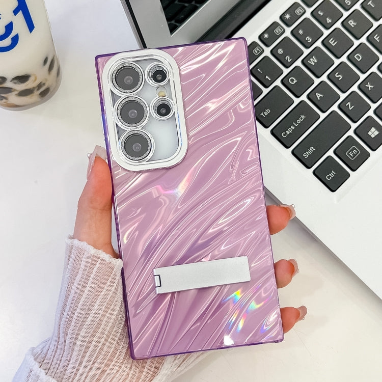 For Samsung Galaxy S23 Ultra 5G Plating Glitter Texture Fold Holder TPU Phone Case with Lens Film