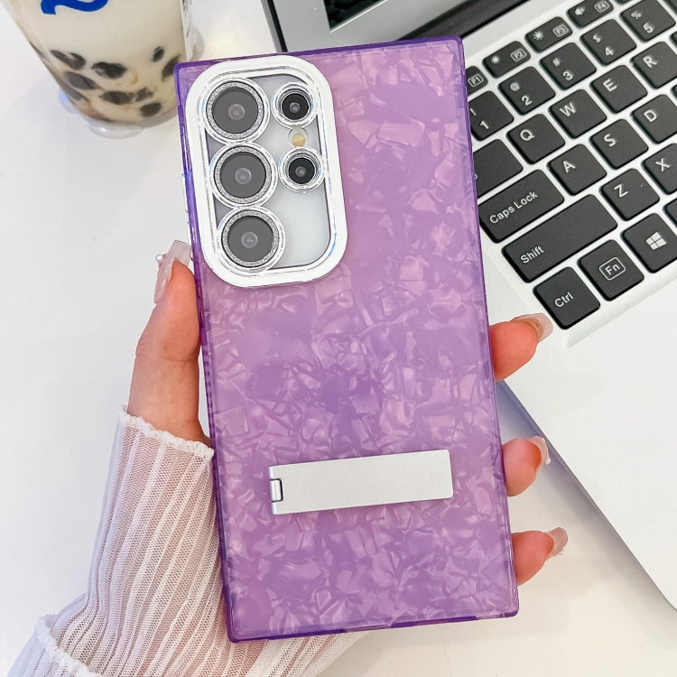 For Samsung Galaxy S23 Ultra 5G Plating Glitter Texture Fold Holder TPU Phone Case with Lens Film