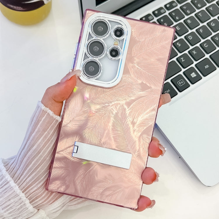 For Samsung Galaxy S23 Ultra 5G Plating Glitter Texture Fold Holder TPU Phone Case with Lens Film