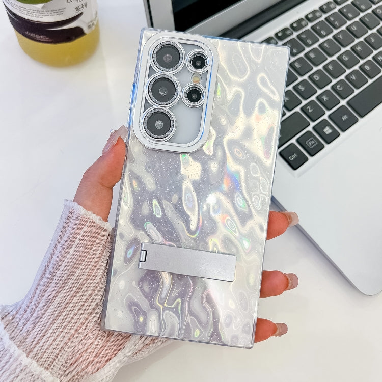 For Samsung Galaxy S23 Ultra 5G Plating Glitter Texture Fold Holder TPU Phone Case with Lens Film