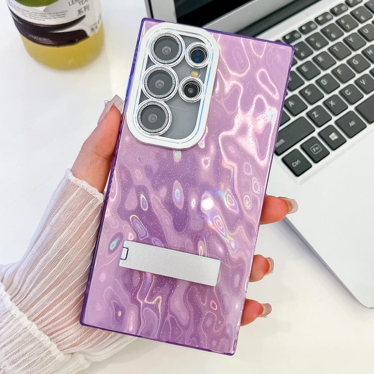 For Samsung Galaxy S23 Ultra 5G Plating Glitter Texture Fold Holder TPU Phone Case with Lens Film