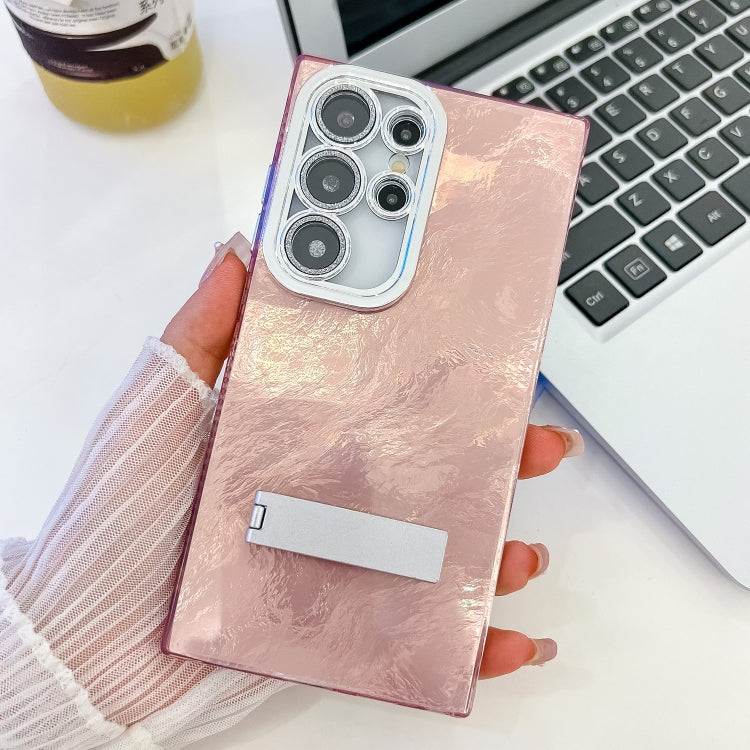 For Samsung Galaxy S23 Ultra 5G Plating Glitter Texture Fold Holder TPU Phone Case with Lens Film