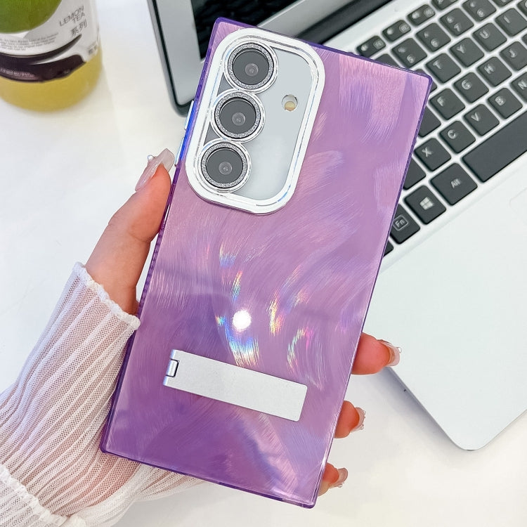 For Samsung Galaxy A36 5G Plating Glitter Texture Fold Holder TPU Phone Case with Lens Film