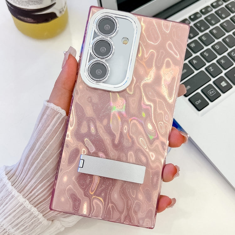 For Samsung Galaxy A36 5G Plating Glitter Texture Fold Holder TPU Phone Case with Lens Film