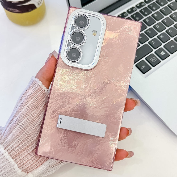 For Samsung Galaxy A36 5G Plating Glitter Texture Fold Holder TPU Phone Case with Lens Film