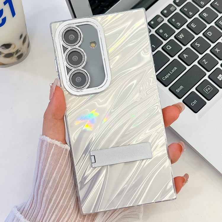 For Samsung Galaxy S25 5G Plating Glitter Texture Fold Holder TPU Phone Case with Lens Film