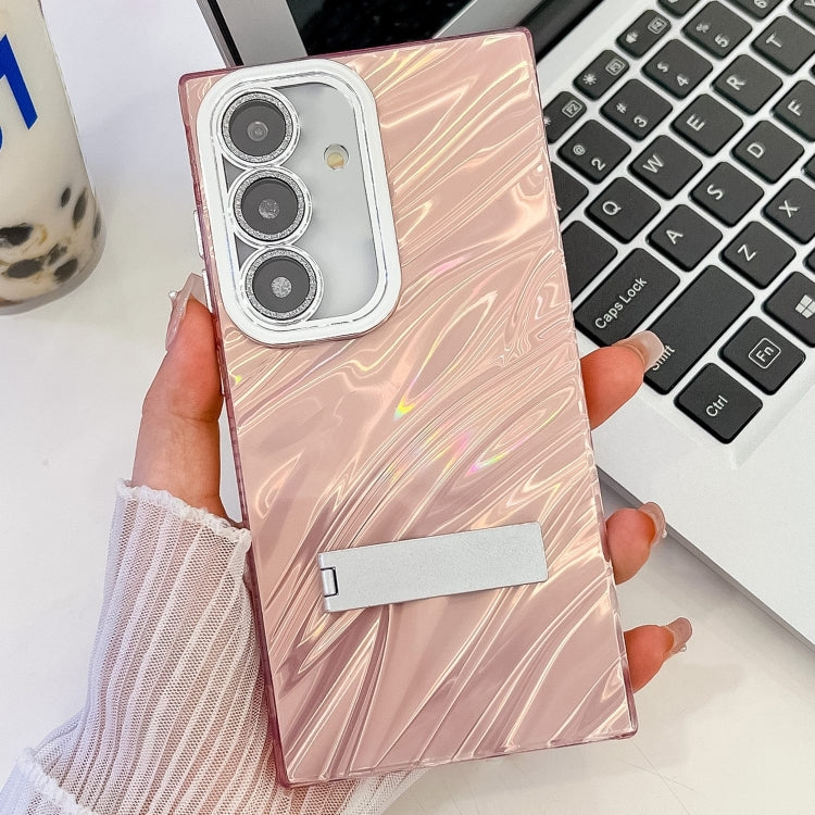 For Samsung Galaxy S25 5G Plating Glitter Texture Fold Holder TPU Phone Case with Lens Film